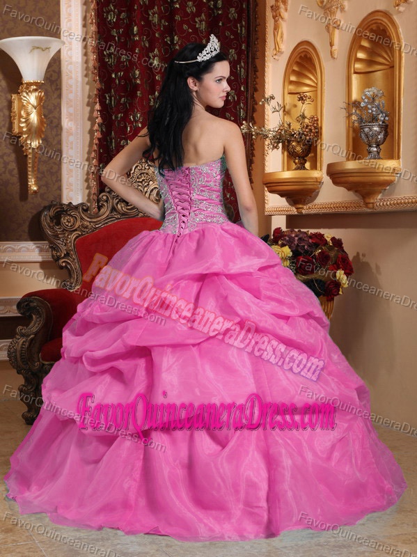 Rose Pink Floor-length Organza Beaded Quinceanera Gown with Sweetheart