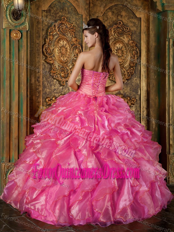 Hot Pink Ball Gown Strapless Floor-length Beaded Quince Dresses with Ruffles
