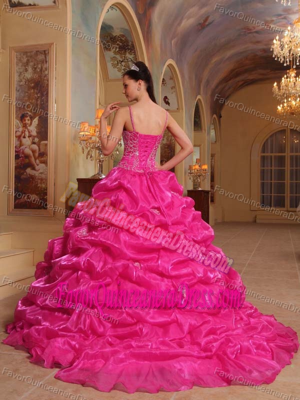 New Hot Pink Beaded Quinceanera Dresses with Spaghetti Straps and Pick-ups