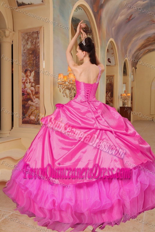 Hot Pink One Shoulder Quinceanera Dress with Pick-ups and Layers for 2014