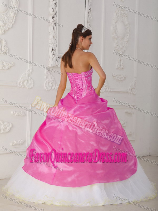 Pink and White Ball Gown Strapless Organza and Taffeta Quinceanera Dress