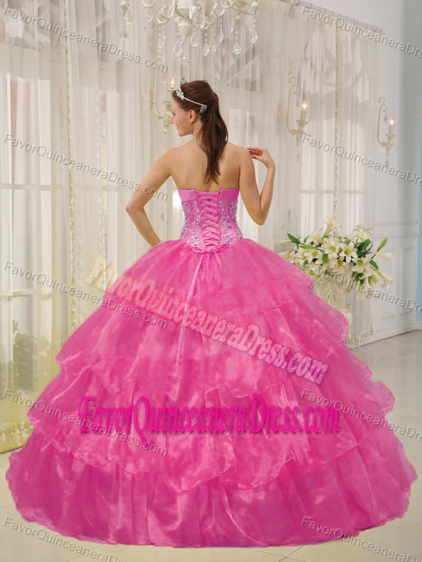 Beautiful Hot Pink Strapless Organza 2014 Quinceanera Dresses with Ruching