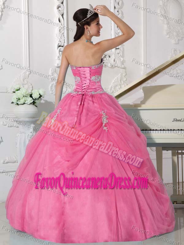 Pink Ball Gown Strapless Beaded Quinceanera Dress with Hand Made Flowers