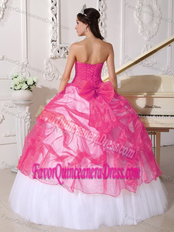 Hot Pink and White Ball Gown Strapless Beaded Quinceanera Dresses in 2014
