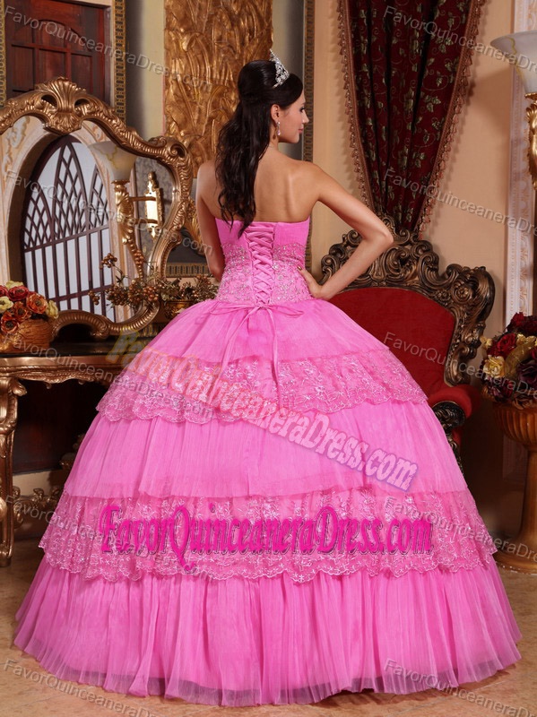 New 2014 Pink Ball Gown Strapless Lace Quinceanera Dresses with Appliques