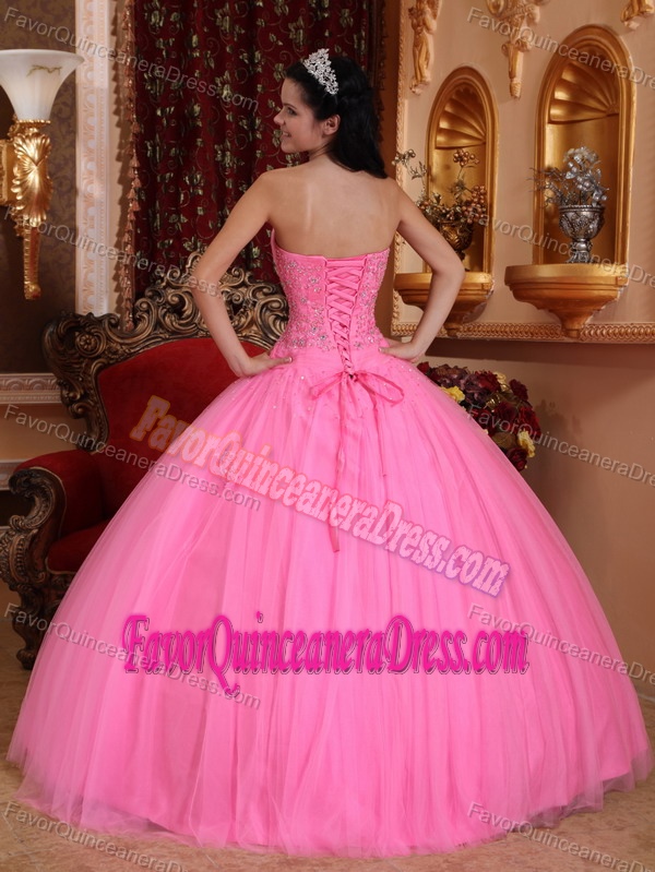 Rose Pink Ball Gown Strapless Beaded Quinceanera Dresses with Appliques