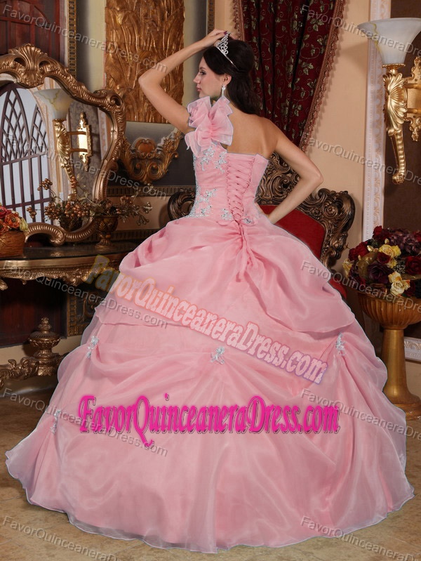 Pink Ball Gown One Shoulder Quinceanera Dresses with Beading and Pick-ups