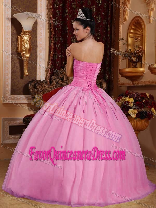 Sweet Rose Pink Ball Gown Tulle Beaded Sweetheart Quinceanera Dresses