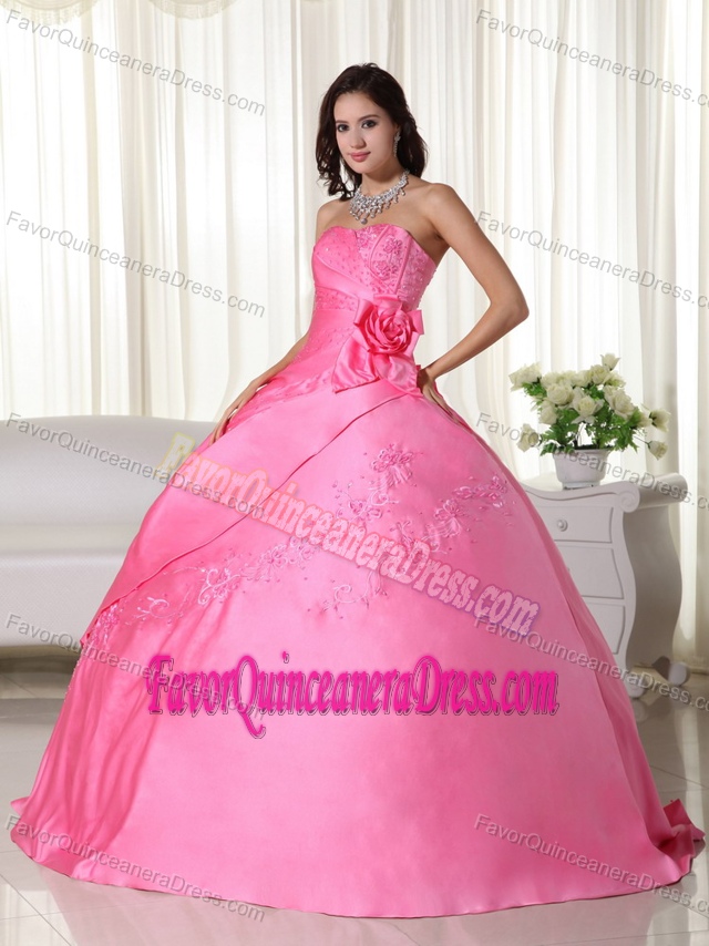 Sweet Pink Ball Gown Strapless Quinceanera Dress with Hand Made Flowers