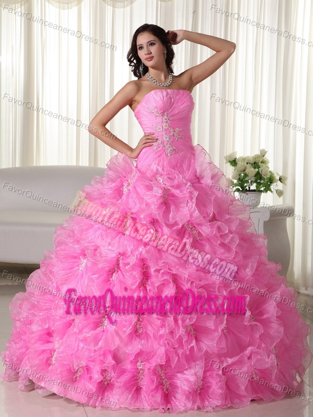 Ball Gown Rose Pink Strapless Beaded Quinceanera Dresses with Appliques