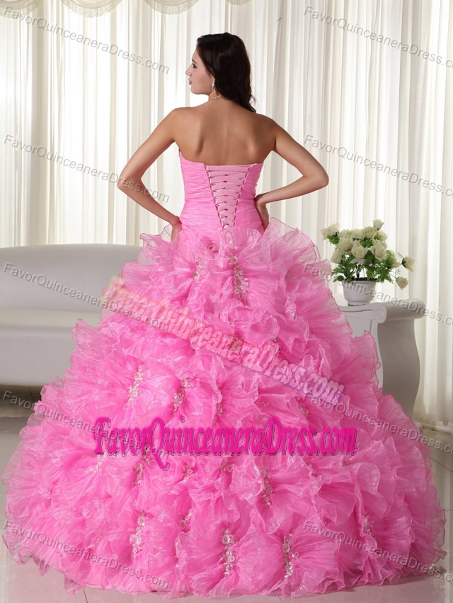 Ball Gown Rose Pink Strapless Beaded Quinceanera Dresses with Appliques