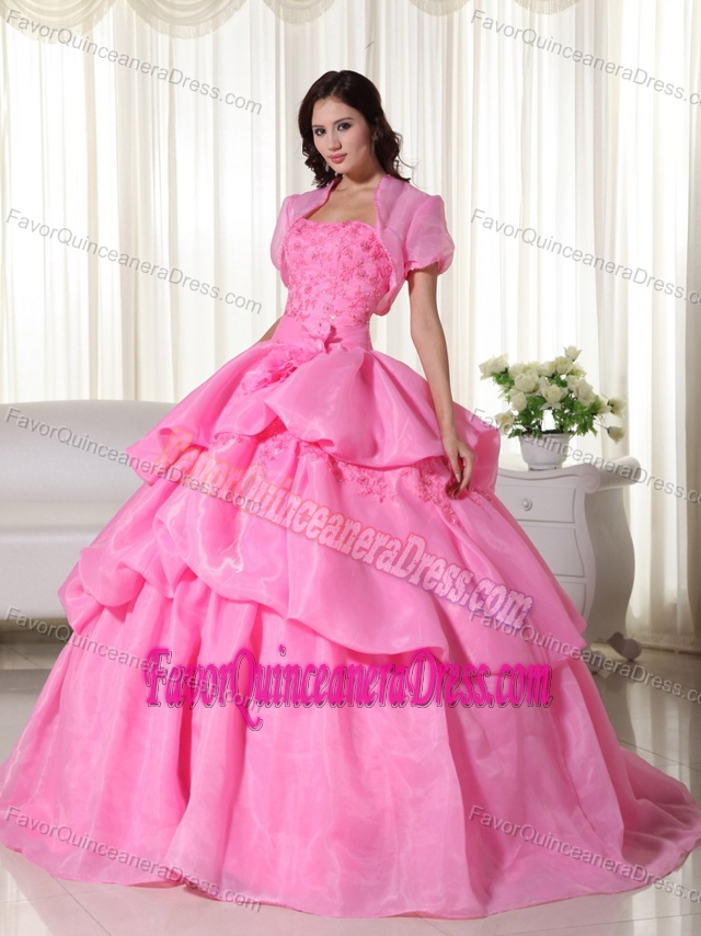 Rose Pink Ball Gown Strapless Quinceanera Dress with Hand Made Flowers