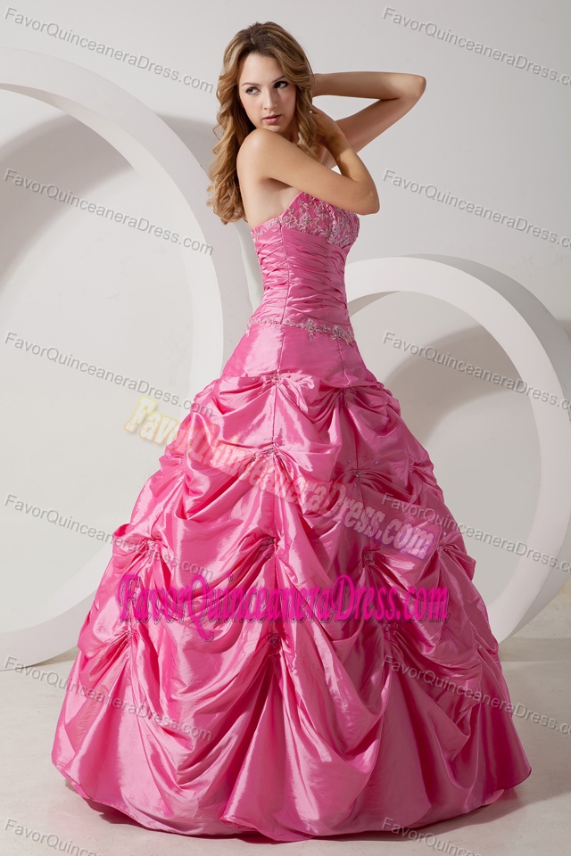 Rose Pink A-line Strapless Taffeta Quinceanera Dress with Appliques for 2014