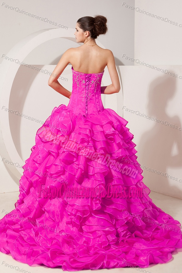 2014 Hot Pink Sweetheart Quinceanera Dress with Ruffles Layers and Beading