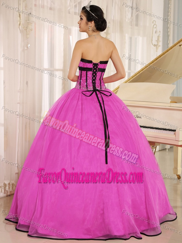 Hot Fuchsia and Black Sweetheart Organza 2014 Quinceanera Dress Beaded