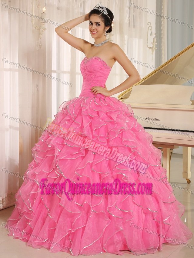Pretty Rose Pink Beaded Ruched 2014 Quinceanera Dress with Ruffled Layers