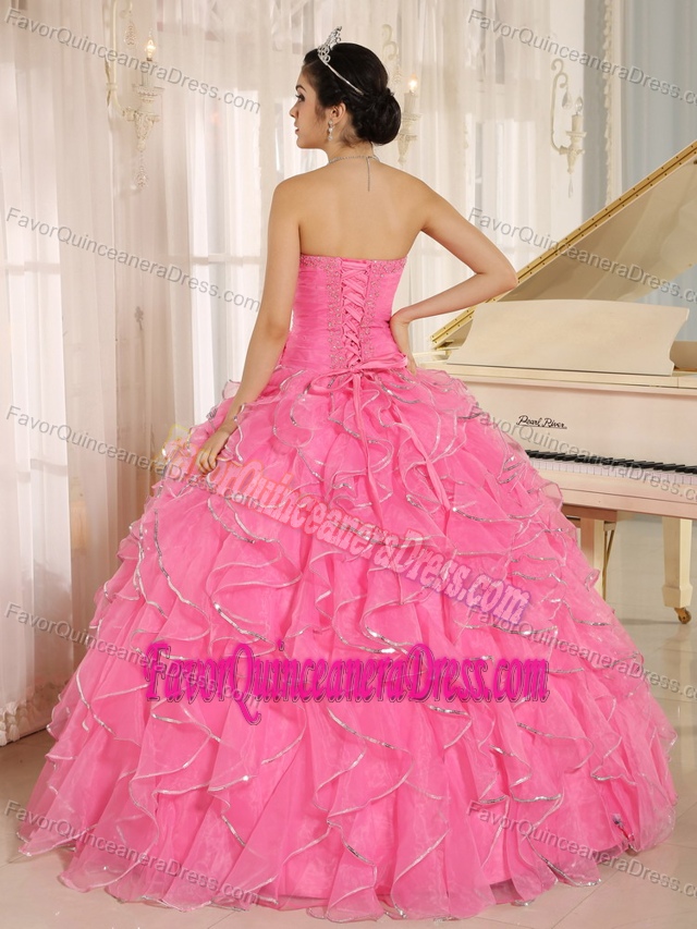 Pretty Rose Pink Beaded Ruched 2014 Quinceanera Dress with Ruffled Layers
