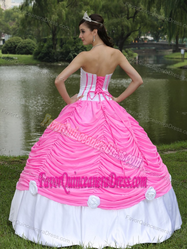 2014 Pink and White Quinceanera Dress with Layers and Hand Made Flowers