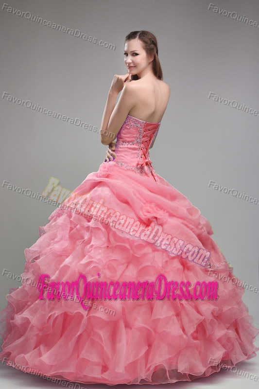 Watermelon Ball Gown Strapless Quinceanera Dress with Layers and Beading