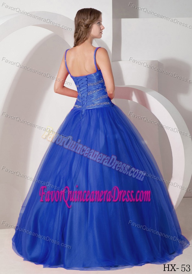 Ruched Bead Tulle Blue Quinceanera Gown Dress with Spaghetti Straps for Cheap