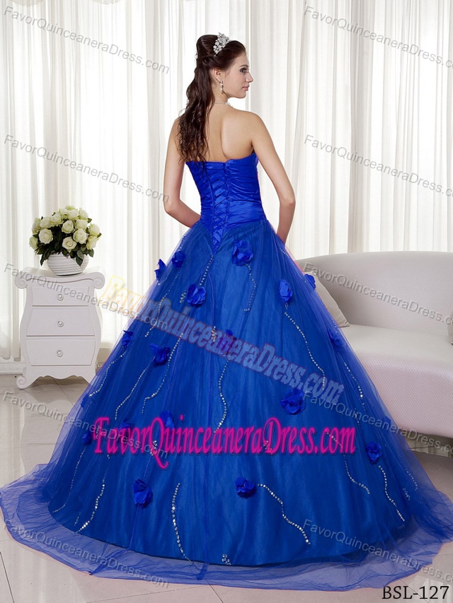 Tulle and Taffeta Blue Sweetheart Quinceanera Dresses with Flowers
