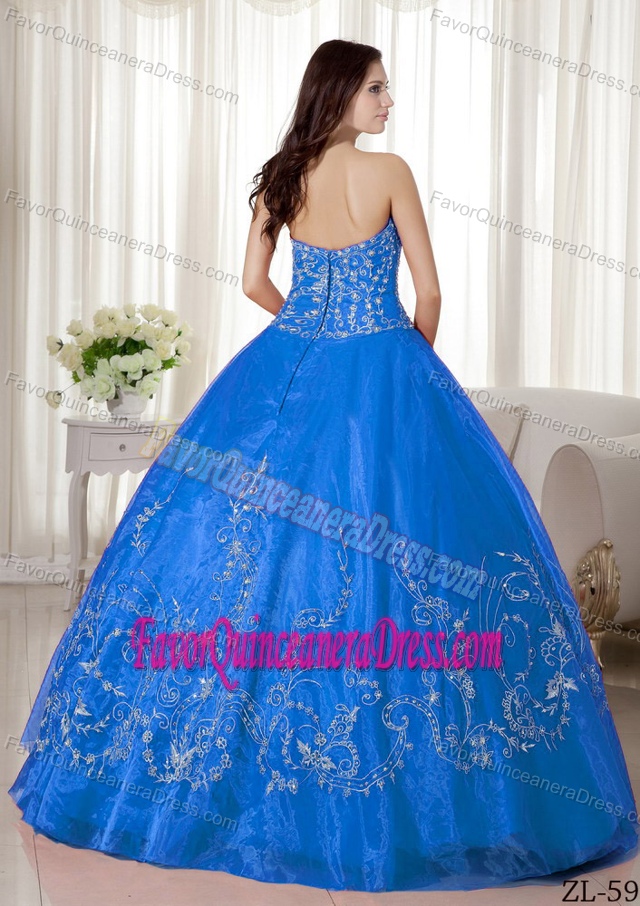 Latest Blue Sweetheart Dress for Quince in Organza with Embroidery