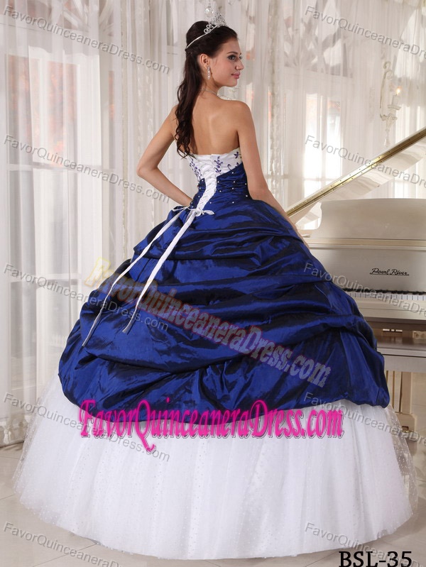 White and Blue Strapless Unique Quince Dresses in Taffeta and Tulle
