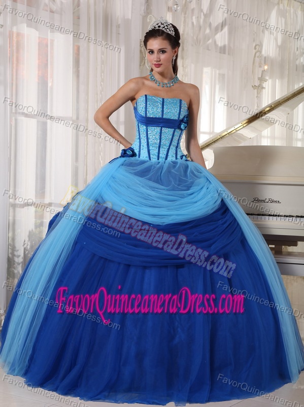 Simple Blue Ruching Strapless Quinceanera Gown Dresses in Tulle