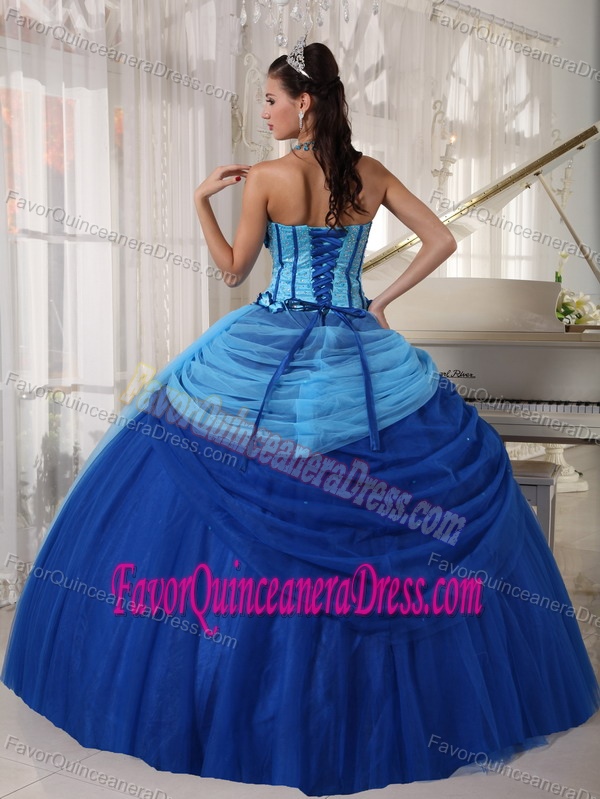 Simple Blue Ruching Strapless Quinceanera Gown Dresses in Tulle