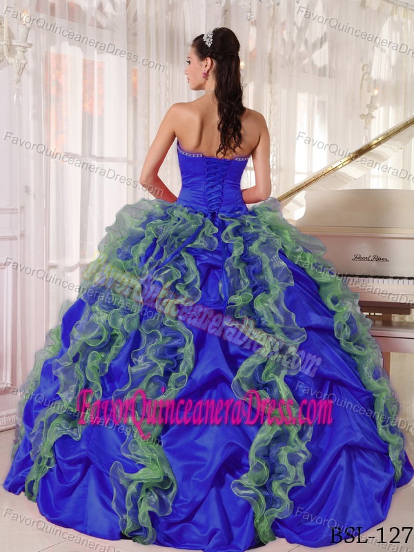 Stylish Blue Ruffled Strapless Quince Dresses in Organza and Taffeta