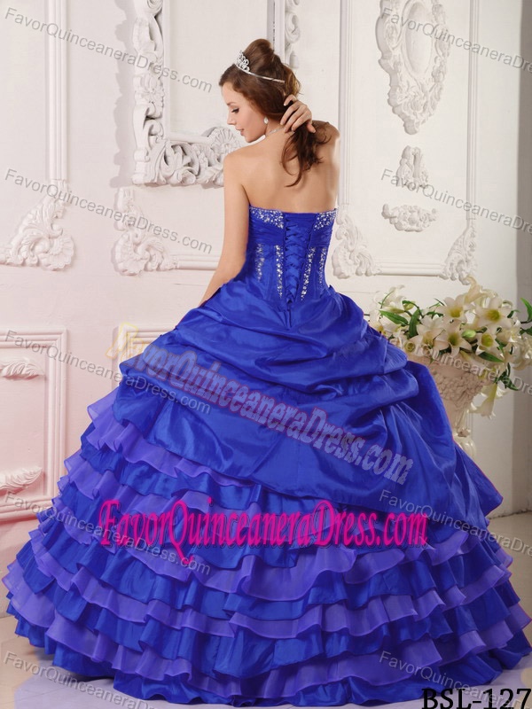 Royal Blue Ball Gown Strapless Taffeta Beaded Quinceanera Dress with Pick-ups