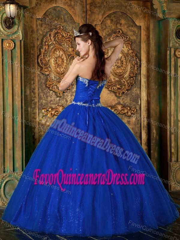Dark Blue Sweetheart Tulle Quinceanera Dresses with Beading and Appliques