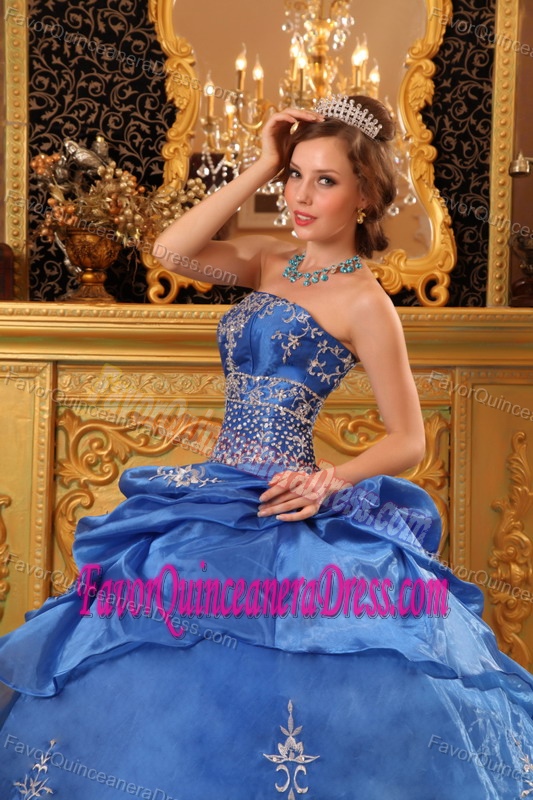 Blue Organza Beaded Quinceanera Dress with Embroidery and Pick-ups in 2015