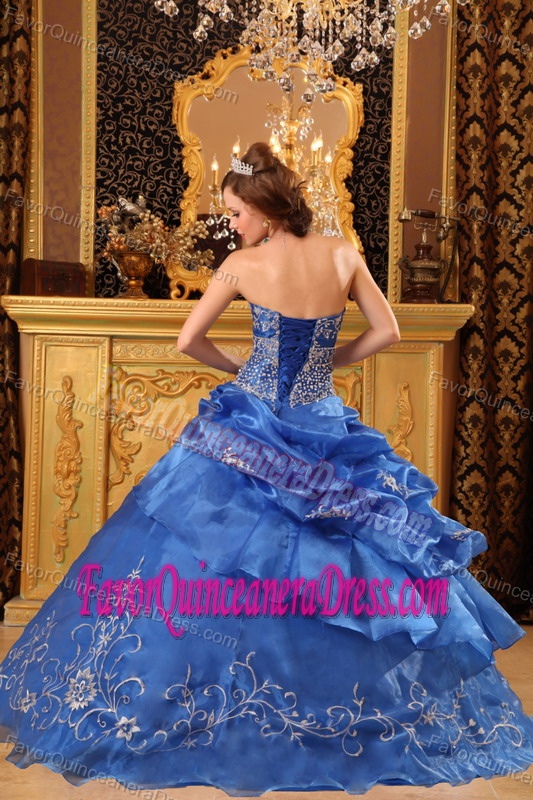 Blue Organza Beaded Quinceanera Dress with Embroidery and Pick-ups in 2015