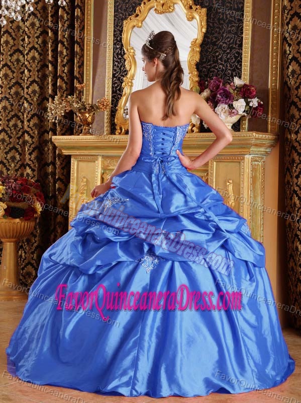 Aqua Blue Ball Gown Strapless Quinceanera Dress with Pick-ups and Embroidery