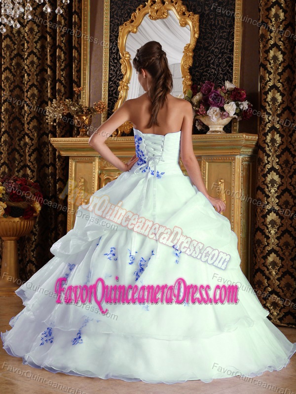 Elegant White and Blue Strapless Quinceanera Dress with Appliques for 2014