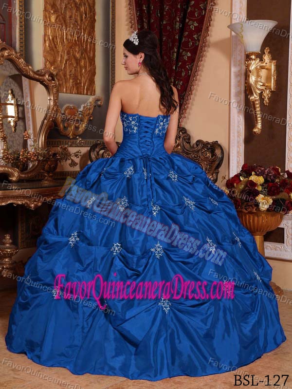 Blue Strapless Taffeta Quinceanera Dress with Appliques and Pick-ups in 2014