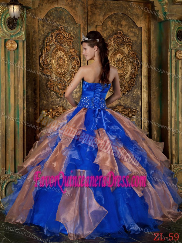 Multicolor Strapless Organza Beaded and Ruffled Quinceanera Dress with Flower
