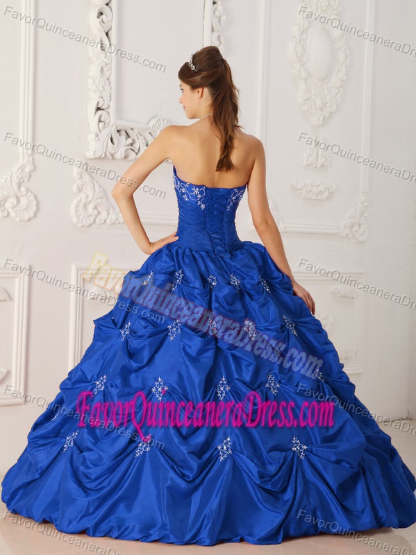Dark Blue Ball Gown Strapless Quinceanera Dress with Pick-ups and Appliques