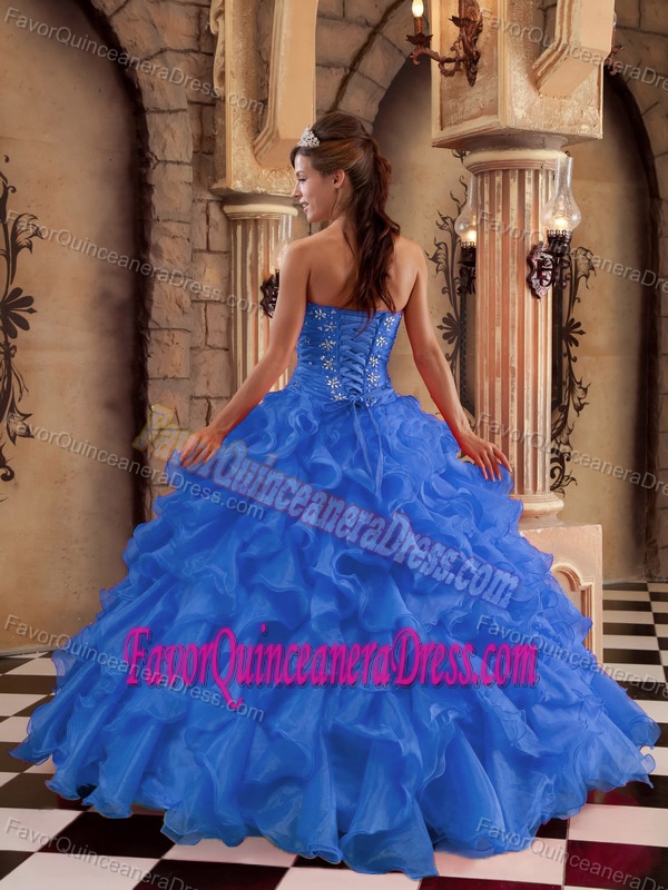 Blue Ball Gown Sweetheart Beaded Organza Quinceanera Dress with Appliques