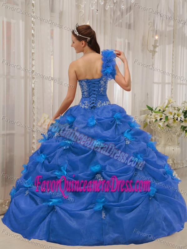 Blue Ball Gown One-shoulder Quinceanera Dress with Appliques and Pick-ups