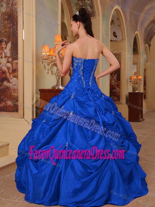 Blue Strapless Taffeta Beaded Quinceanera Dress with Appliques and Pick-ups