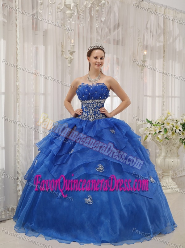 2014 Blue Ball Gown Strapless Quinceanera Dress with Appliques and Pick-ups