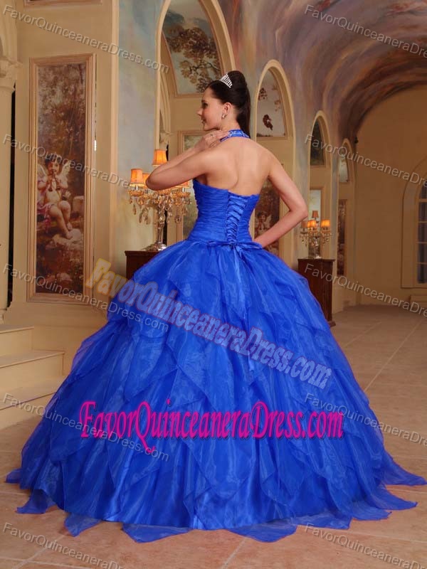 Special Blue Halter Top Quinceanera Dress with Appliques and Ruffled Layers