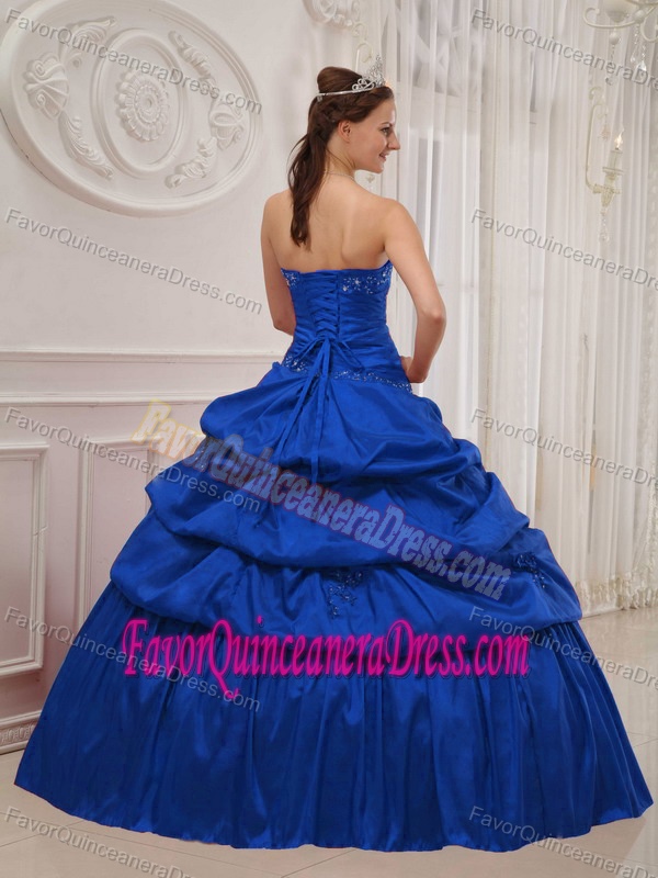 Blue Strapless Ruched Quinceanera Dress with Pick-ups and Appliques in 2013