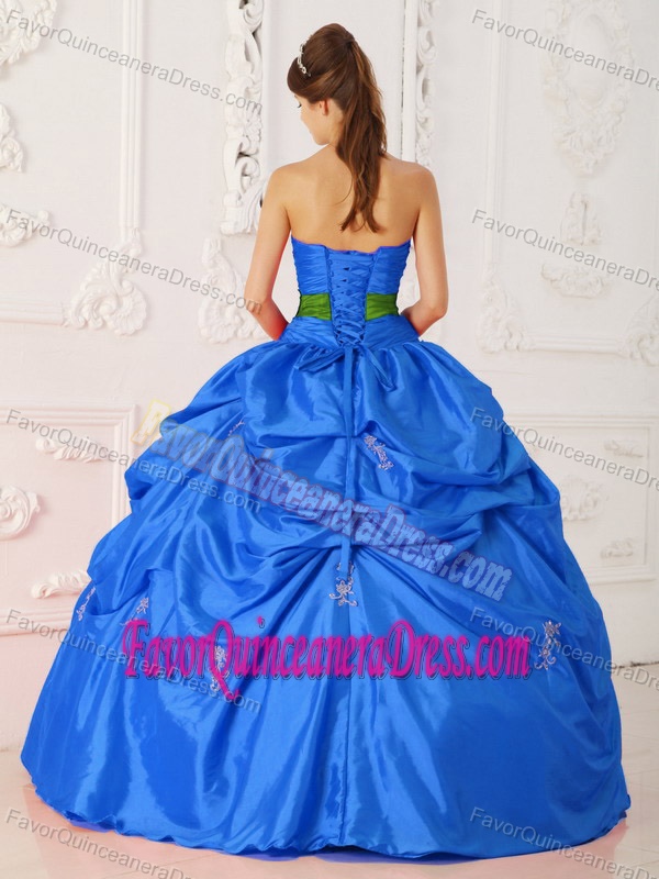 Blue Strapless Quinceanera Dresses with Pick-ups and Green Bowknot in 2014