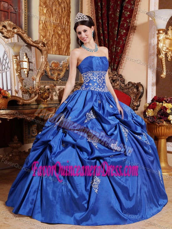 Modern Blue Strapless Quinceanera Dress with Pick-ups and Appliques in 2014