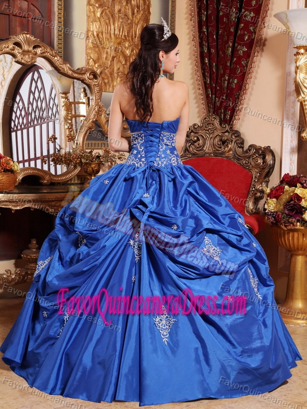 Modern Blue Strapless Quinceanera Dress with Pick-ups and Appliques in 2014