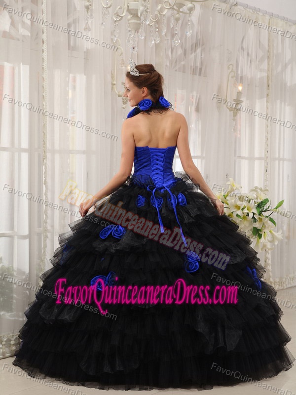 Dark Blue and Black Halter Top Quinceanera Dresses with Hand Made Flowers