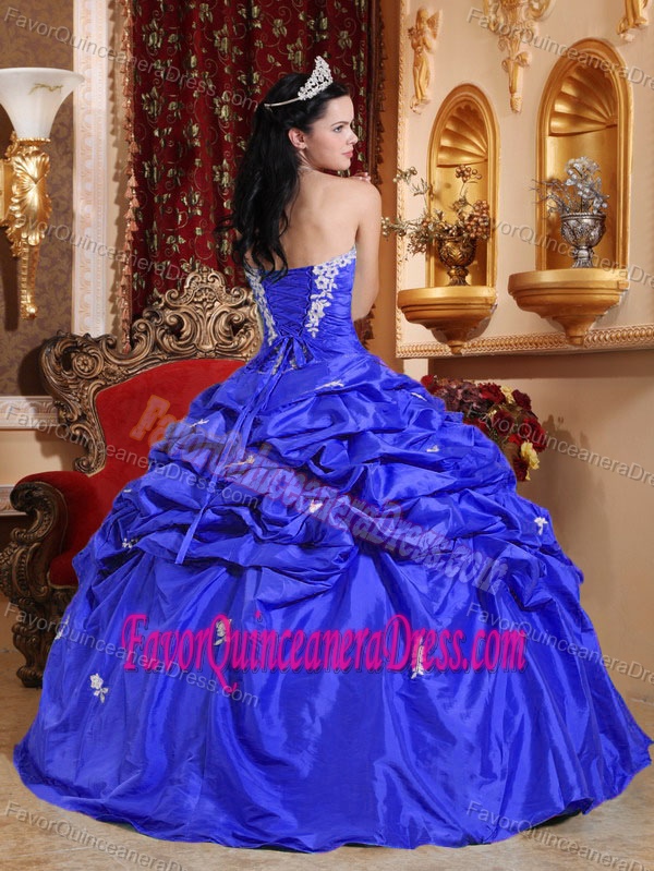 Blue Strapless Taffeta Quinceanera Dress with Appliques and Pick-ups in 2013